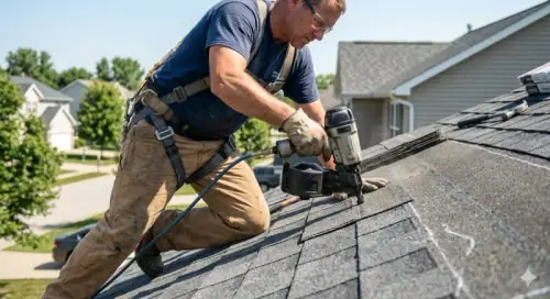 Roofer repairing asphalt shingles on a residential home in Thunder Bay